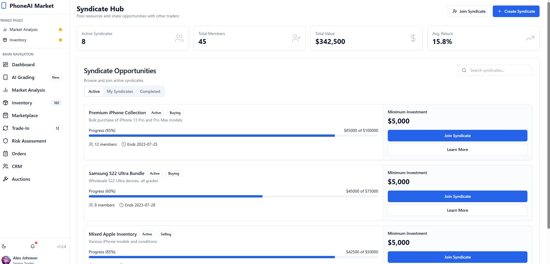 Syndicate Hub dashboard — pooled capital and active syndicates